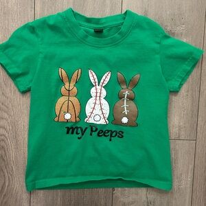 Easter-themed graphic tee featuring three Peeps-style bunnies - Green, Size: 4T